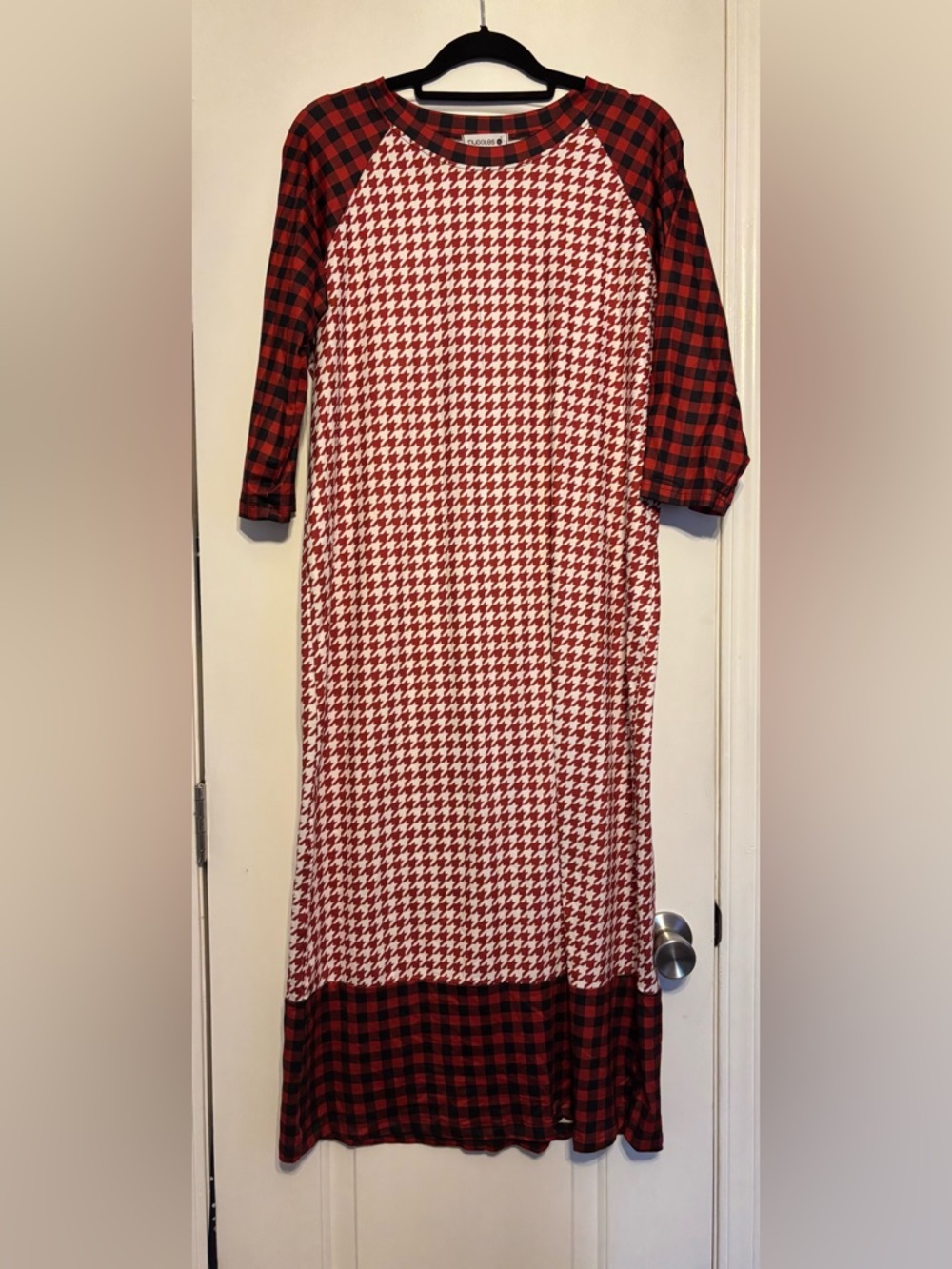 Red and White Houndstooth Midi Dress with Red Plaid Sleeves